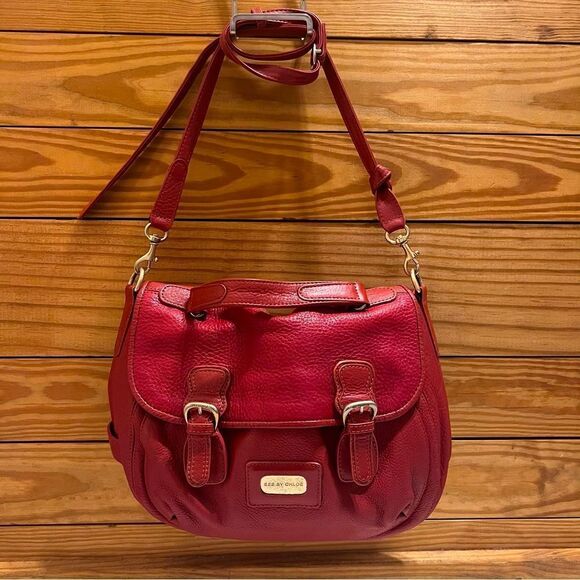 Chloe Grapefruit Red Leather Satchel Top Handle Brushed Gold Shoulder Bag Tote - Picture 1 of 12